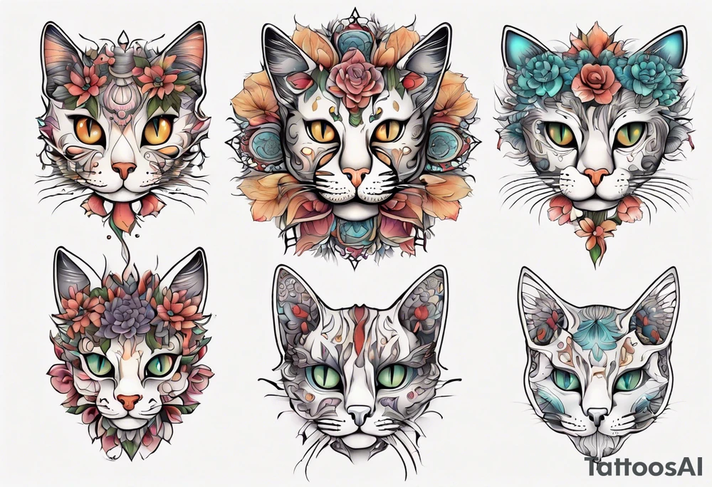 Cat colored flowers Mandala tattoo idea