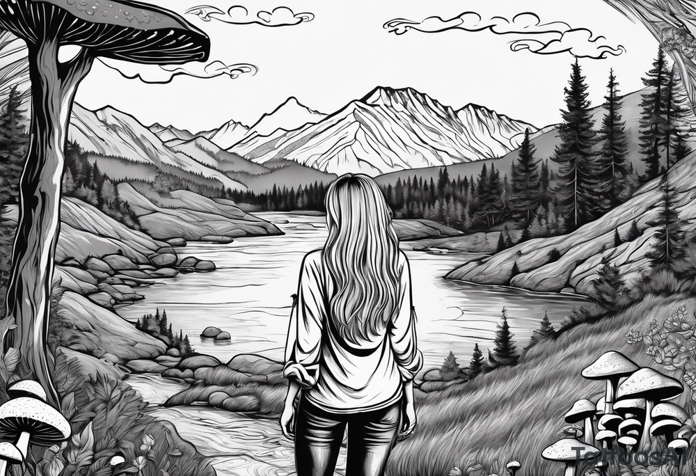 Whole picture encircled fully

Straight long blonde hair hippie girl in distance holding mushrooms in hand facing away toward mountains and creek surrounded by mushrooms long sleeve shirt and hiking pants; whole rendering within a full circle, no cut off circle tattoo idea