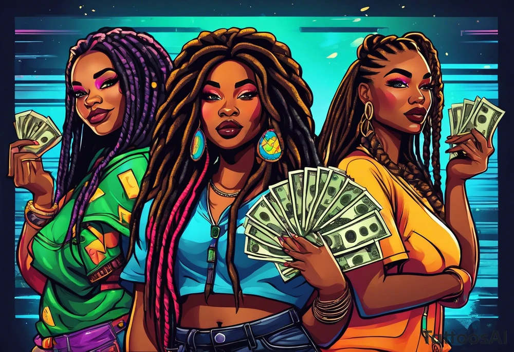 beautiful thick black women with long straight dreadlocks, new school style, holding piles of money, colorful, neon, bright, streetwear, streetstyle, urban tattoo idea