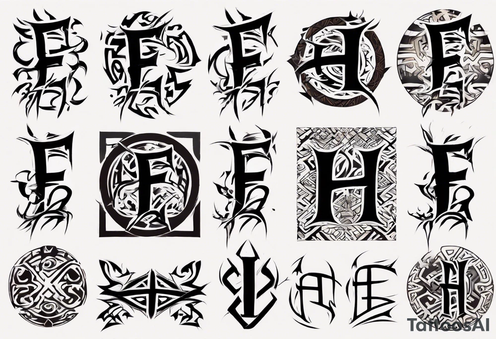 combine the letters E and H with tribal pattern tattoo idea
