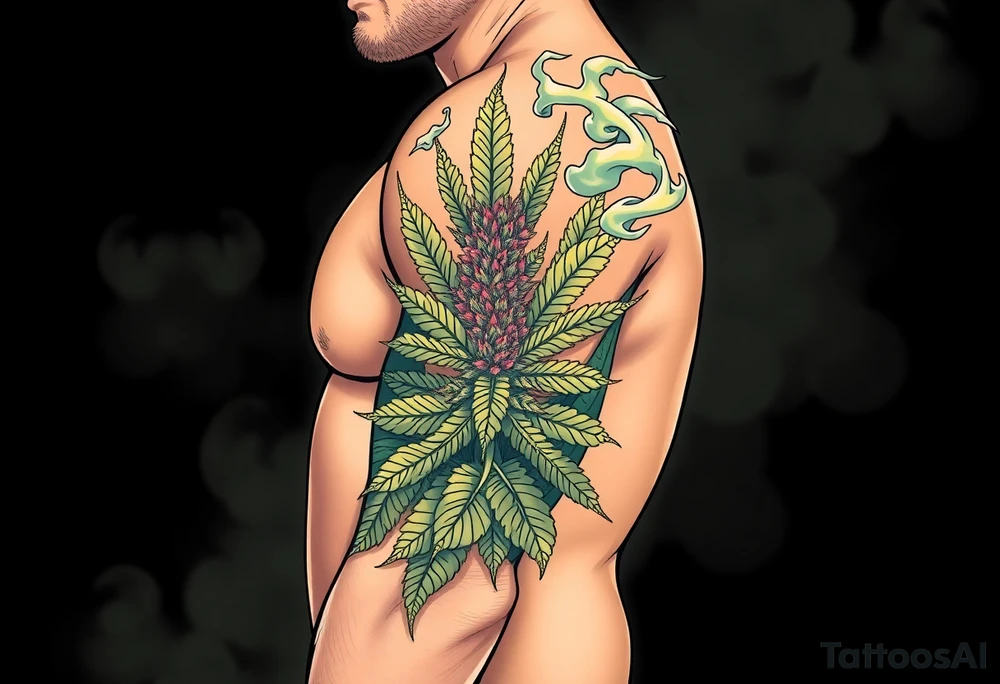 Massive weed plant surrounded by smoke tattoo idea