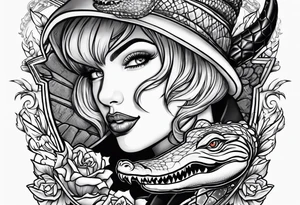 Dagger with an alligator and topless pinup girl tattoo idea
