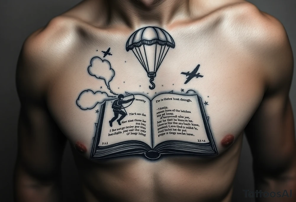A parachuting soldier landing into an open book. Chaos surrounding, but a sense of security inside the book. On the chest. book contains a quote. Make it smaller tattoo idea