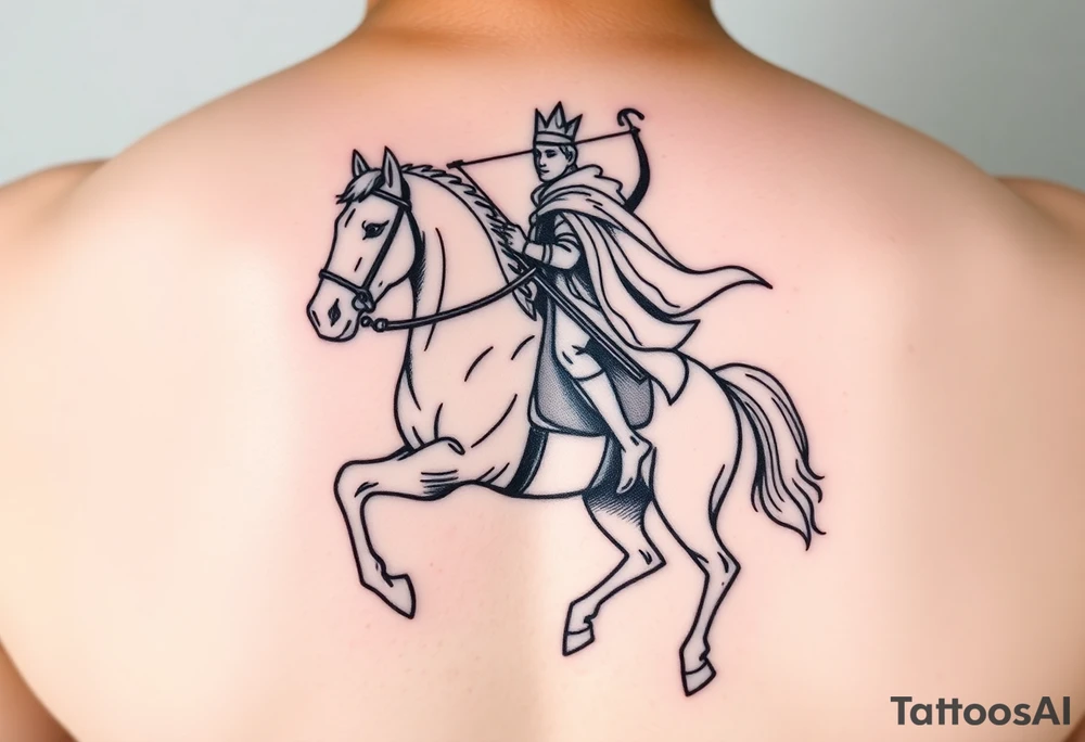 Generate an image of conquest on a white horse. Use this passage from Revelations: "And I saw, and behold a white horse: and he that sat on him had a bow; and a crown was given unto him: and he went forth conquering, and to conquer". Include the rider on a white horse wearing a crown and carrying a bow tattoo idea