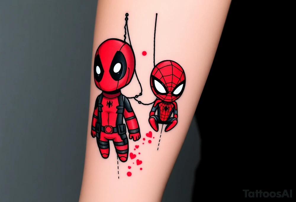 Project: Upper Arm Half-Sleeve Tattoo (Chibi Marvel Duo)
Placement: Upper Arm (Shoulder cap down to just above the elbow)
Reference Images: Chibi Deadpool (Image 1) and Chibi Spider-Man (Image 2)
Design Request & Layout:
* Please stack the characters dynamically to fit my upper arm. I'd like Deadpool positioned near the top/shoulder cap, and Spider-Man sitting near the bottom/above the elbow.
* Use the dangling spider and its web thread, along with loose, energetic construction lines, to transition between the two characters and wrap the design around the arm.
Art & Color Style:
* Linework: Please harmonize both characters into a singular, unified style—blending Deadpool's clean comic ink lines with Spider-Man's raw, cross-hatched sketchbook aesthetic.
* Color: The base of the tattoo should be gritty black-and-grey sketch shading. However, I want vibrant pops of red on their suits.
* The Splatter Effect: Instead of keeping the red cleanly inside the lines, please style the red color as a loose, dynamic watercolor/ink splatter effect that bursts out past their outlines and fades into the negative skin space. tattoo idea
