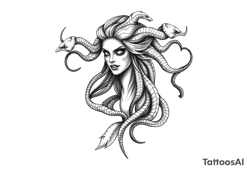Scary Greek female god medusa with snake hairs tattoo idea
