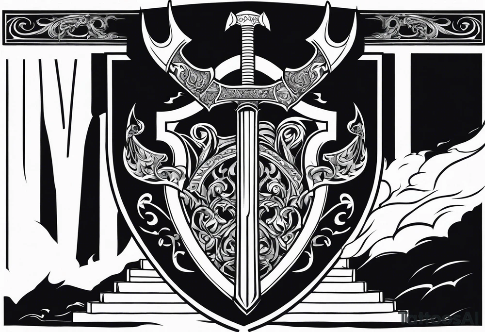 Valhalla sword shield axe
stairs mist tattoo idea