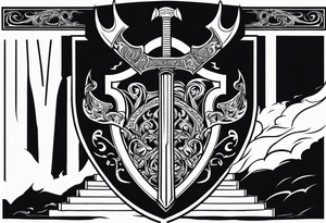 Valhalla sword shield axe 
stairs mist tattoo idea