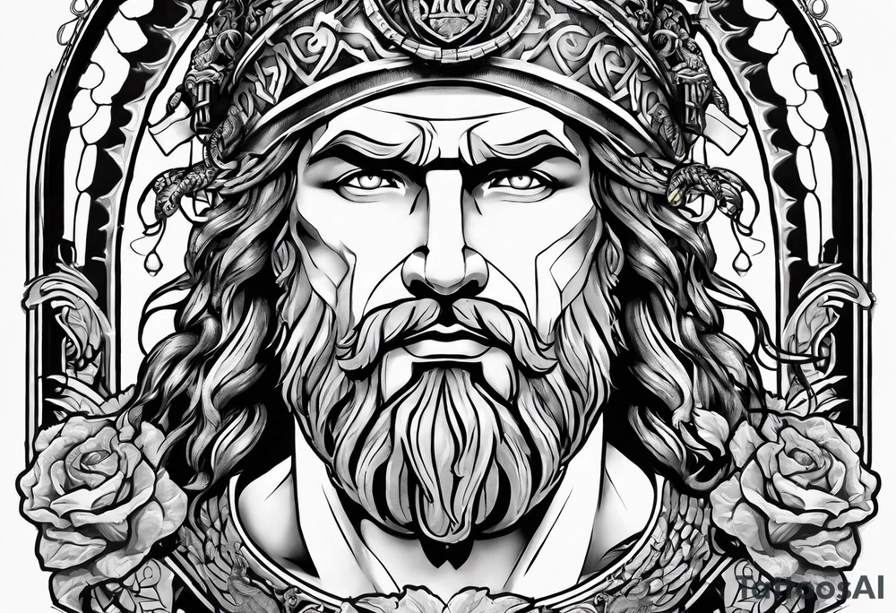 Greek mythology sleeve featuring Zeus with lighting bolts, medusa with snake head dress, a gladiator with the Roman coliseum background tattoo idea