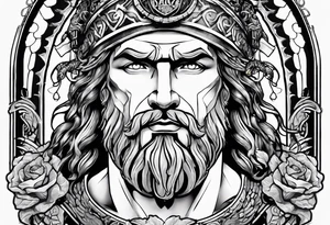 Greek mythology sleeve featuring Zeus with lighting bolts, medusa with snake head dress, a gladiator with the Roman coliseum background tattoo idea