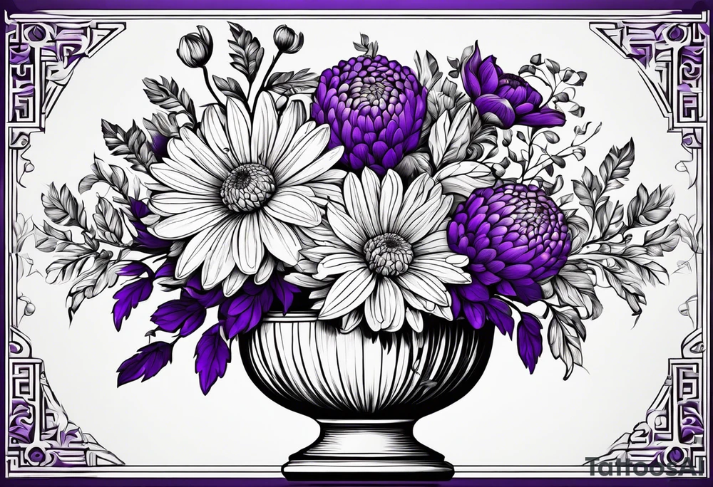Un vase Grec avec 2 fleurs nénuphars, 1 fleur CHRYSANTHEMUm, et une violet tattoo idea