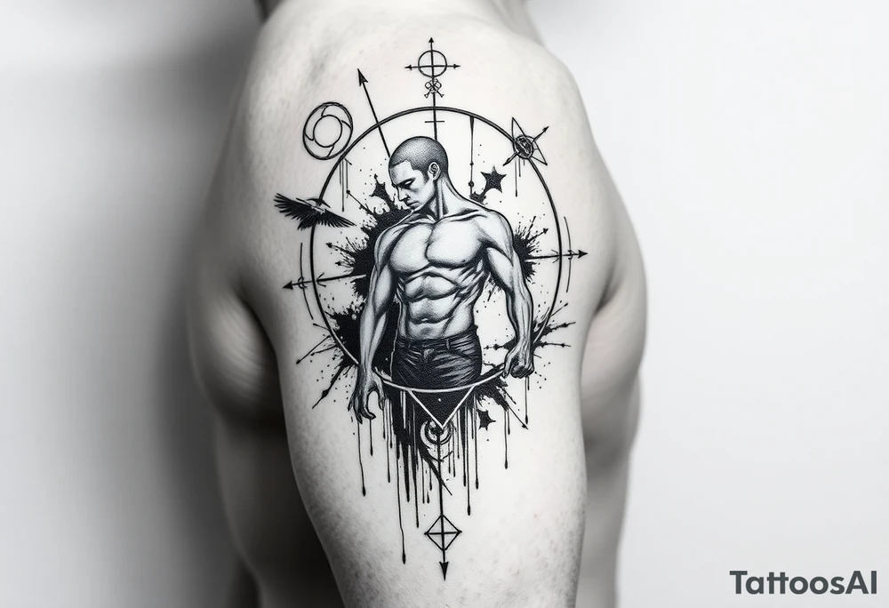 Black and white forearm tattoo design, dark surreal and symbolic, high contrast, clean linework with fine etching-style shading. Central muscular human figure in a dramatic dynamic pose, partially fragmented or dissolving into ink splashes and abstract shapes. Surrounded by sacred geometry, occult and alchemical symbols, thin composition lines, dripping surreal eyes, and subtle horror details. Balanced minimalism with strong visual impact, no background, designed to be extended into a full sleeve. tattoo idea