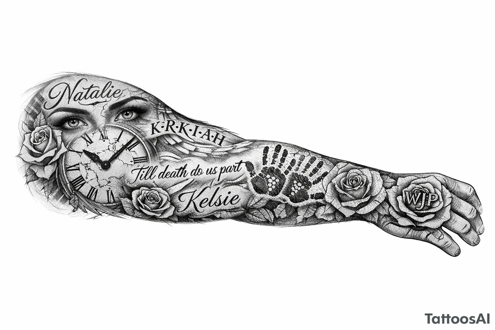 I'd like a full arm length tattoo with three names, Natalie, K-R-K-I-A-H, and Kelsey, K-E-L-S-I-E. I want a clock face, and my roses spread through the tattoo. I want the words, Till death do us part, written in there. I want Aboriginal handprints. I want a set of eyes. And on my hand, back of my hand, I want a rose with the letters WJP in it. tattoo idea