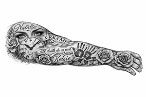 I'd like a full arm length tattoo with three names, Natalie, K-R-K-I-A-H, and Kelsey, K-E-L-S-I-E. I want a clock face, and my roses spread through the tattoo. I want the words, Till death do us part, written in there. I want Aboriginal handprints. I want a set of eyes. And on my hand, back of my hand, I want a rose with the letters WJP in it. tattoo idea