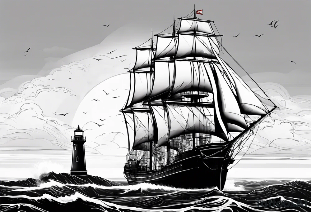 maritime lighthouse partially hidden by its  large fixed sails. tattoo idea