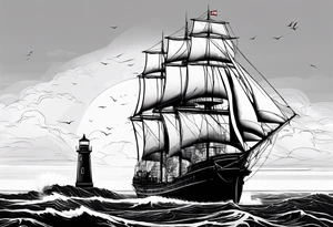 maritime lighthouse partially hidden by its  large fixed sails. tattoo idea