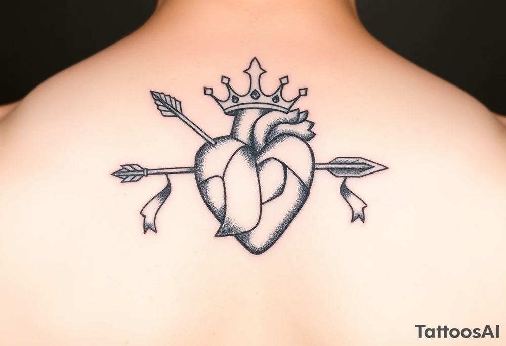 heart pierced by arrow with flowing ribbons princess crown festhers tattoo idea