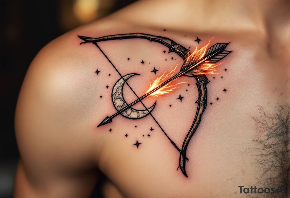 A realistic bow and arrow, with the arrow’s tip shooting through a crescent moon. The bow is detailed with wooden textures, and the arrow glows with a fiery orange hue, symbolizing Sagittarius' adventurous spirit and fiery nature. Surrounding the bow are small stars in silver to evoke the constellation. tattoo idea