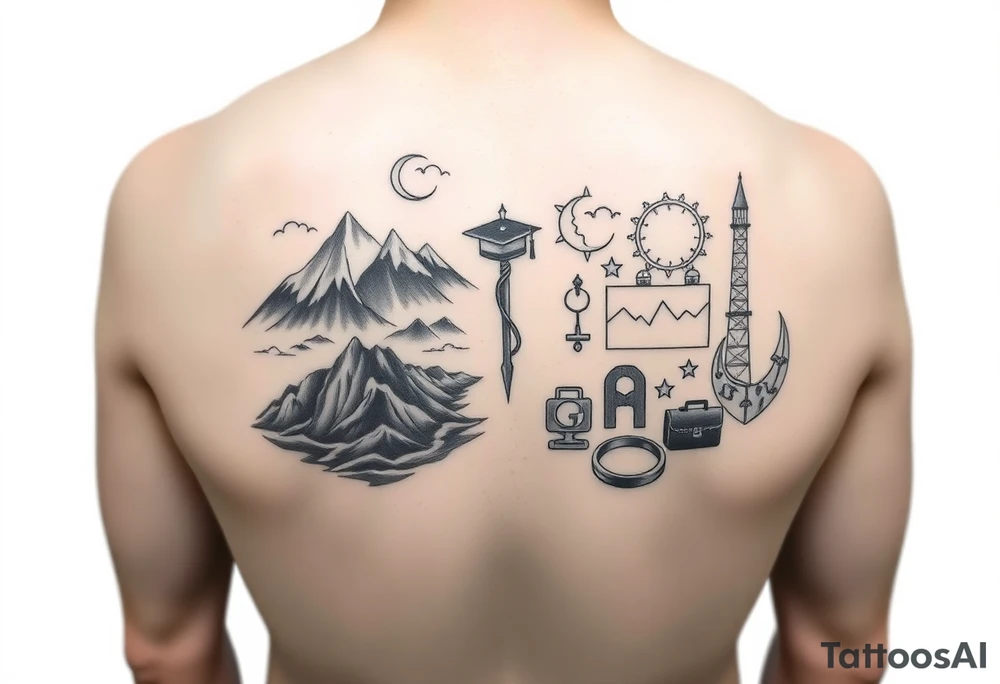The tattoo should represent a journey from youthful enthusiasm to mature wisdom. On one side, depict the adventurous spirit of youth with imagery like rugged landscapes and exploration scenes. On the other side, reflect maturity and life experiences such as military service, career milestones, love, and family, using symbols like a graduation cap, military insignia, briefcase, wedding ring, and family.

Incorporate themes of continuous learning and self-discovery, with elements of self-love, familial bonds, community, and empathy. Contrast natural landscapes with man-made structures to symbolize the balance between nature and technology. The design should flow from left (youth) to right (maturity) and be rendered in black and white. tattoo idea