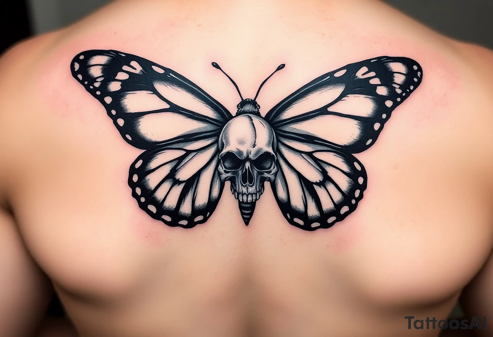 powerful majestic and dark monarch butterfly with skull detail in the wings tattoo idea