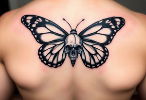 powerful majestic and dark monarch butterfly with skull detail in the wings tattoo idea
