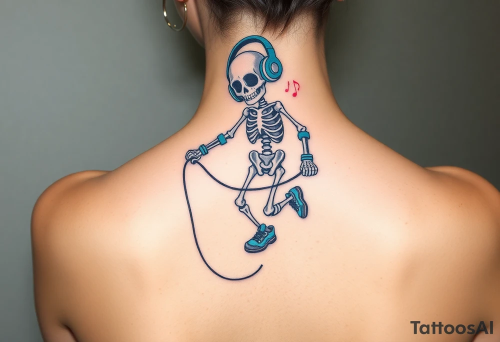 Cute skeleton jumping on a jump rope with blue headphone and blue tennis shoes and blue armbands with colorful music notes tattoo idea