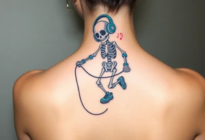 Cute skeleton jumping on a jump rope with blue headphone and blue tennis shoes and blue armbands with colorful music notes tattoo idea