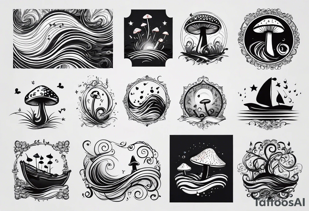 lots of empty space with simple line of icons down the back of the arm. there are four icons in this order:

1. a music note on a staff
2. a wave of water
3. a pocket
4. mushroom tattoo idea