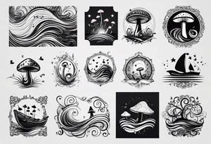 lots of empty space with simple line of icons down the back of the arm. there are four icons in this order:

1. a music note on a staff
2. a wave of water
3. a pocket
4. mushroom tattoo idea