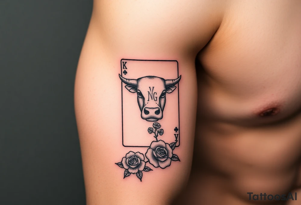 A king play card with a small highland cow face on it and a small 4 leaf clover surrounded by roses tattoo idea