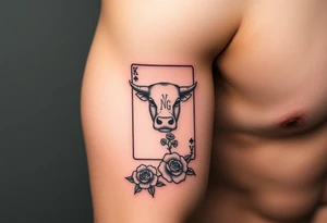 A king play card with a small highland cow face on it and a small 4 leaf clover surrounded by roses tattoo idea
