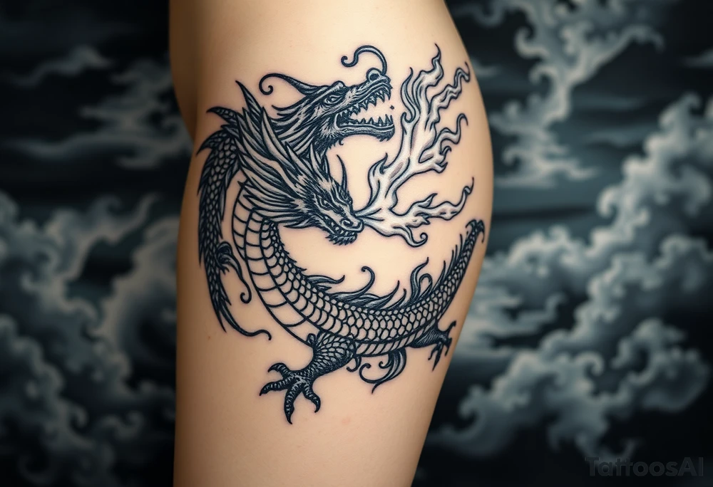 fierce dragon breathing iridescent fire against stormy skies tattoo idea