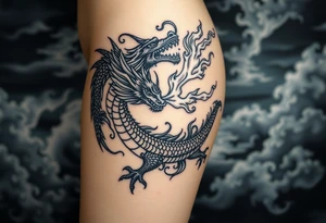 fierce dragon breathing iridescent fire against stormy skies tattoo idea