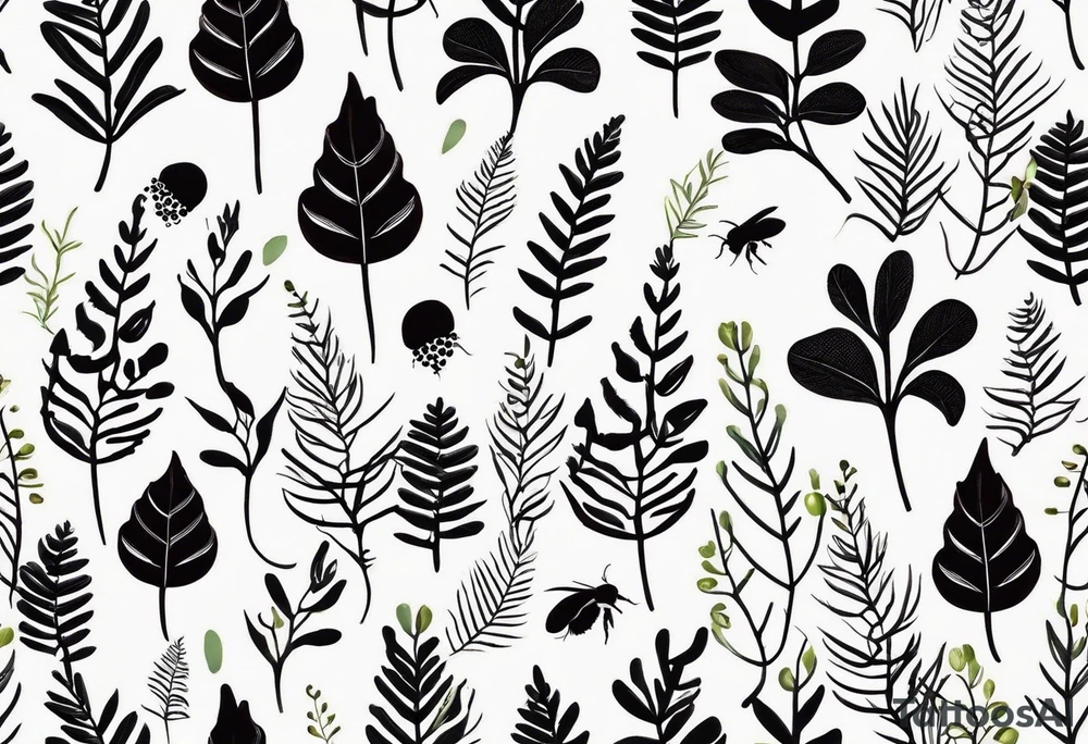 minimalistic forest floor inspired tattoo, which includes grass, moss, curly ferns and dead leaves as the bulk of the tattoo. details to include: forest berries, couple of very small brown mushrooms, a tiny bumblebee flying nearby tattoo idea