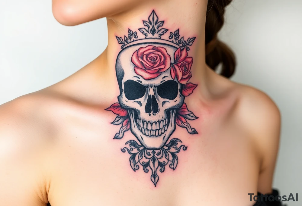 Bold vibrant gothic skull but also elegant and majestic wearing a rose crown also lace underneath tattoo idea