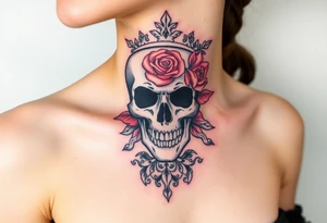 Bold vibrant gothic skull but also elegant and majestic wearing a rose crown also lace underneath tattoo idea
