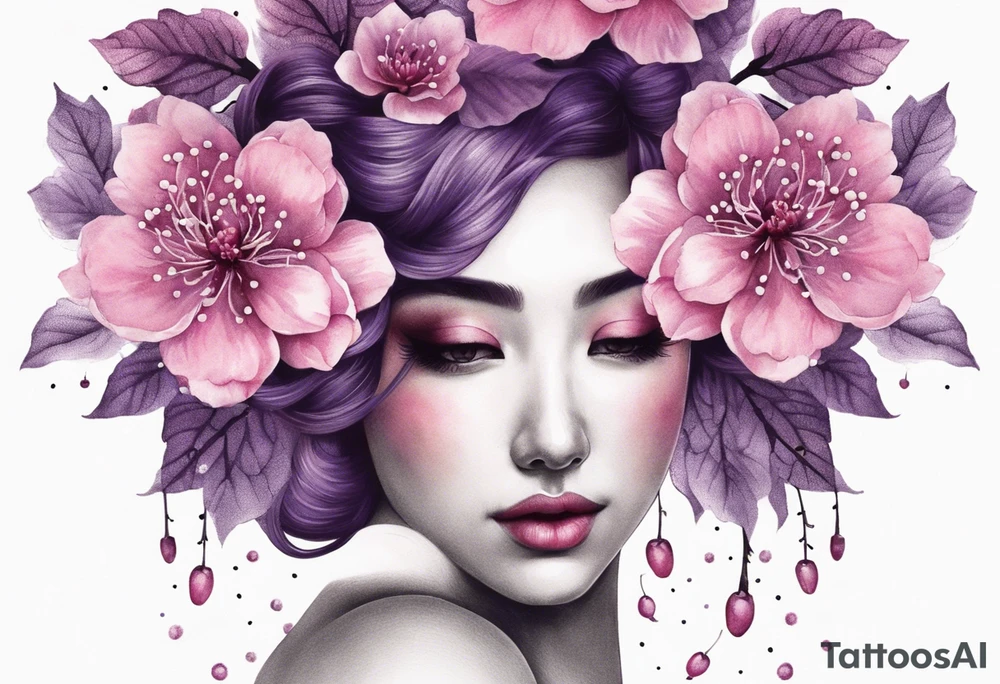 Flower crown pink and purple cherry blossoms huge tattoo idea