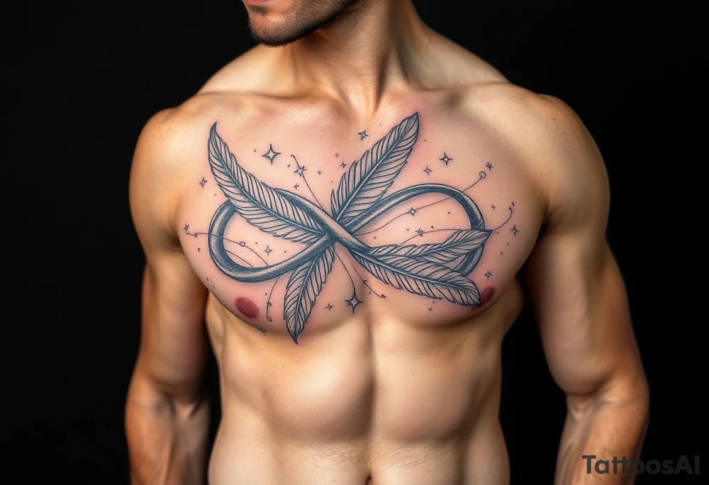 infinity symbol woven with floating feathers and stardust tattoo idea