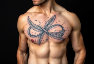 infinity symbol woven with floating feathers and stardust tattoo idea