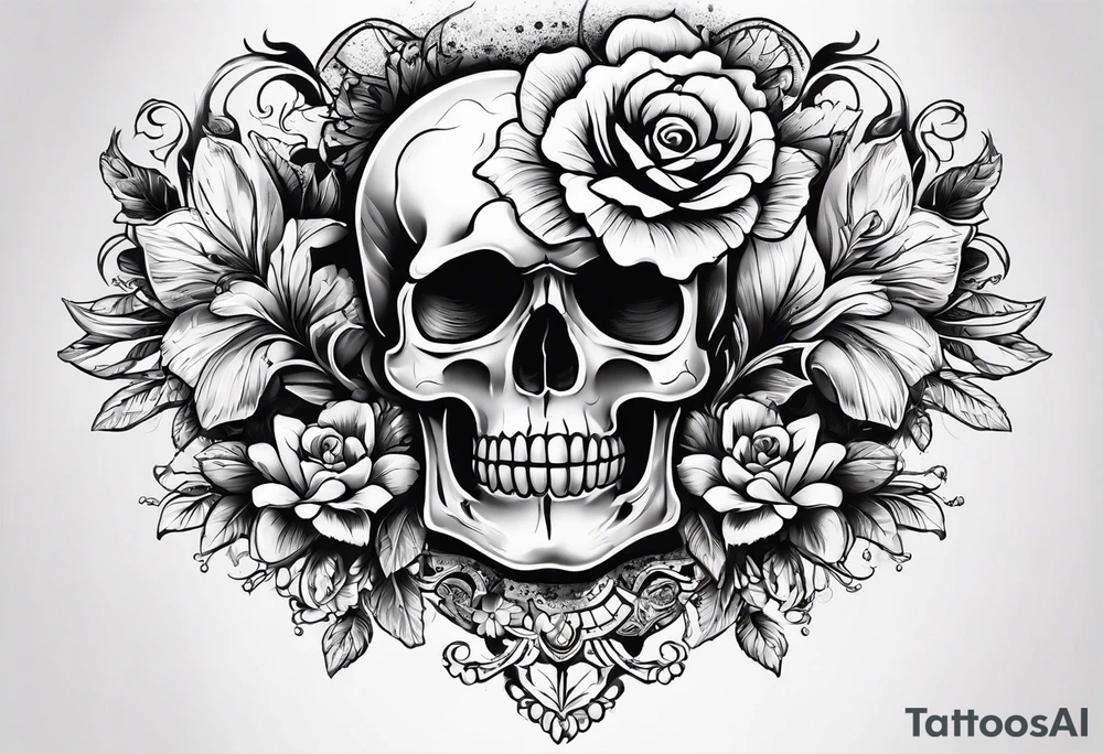 neck tattoo stencil of skull and flowers about pain and struggle in new scholl or polka trash style tattoo idea