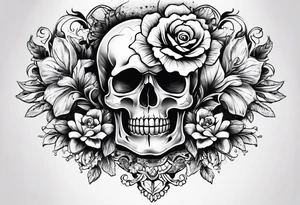 neck tattoo stencil of skull and flowers about pain and struggle in new scholl or polka trash style tattoo idea