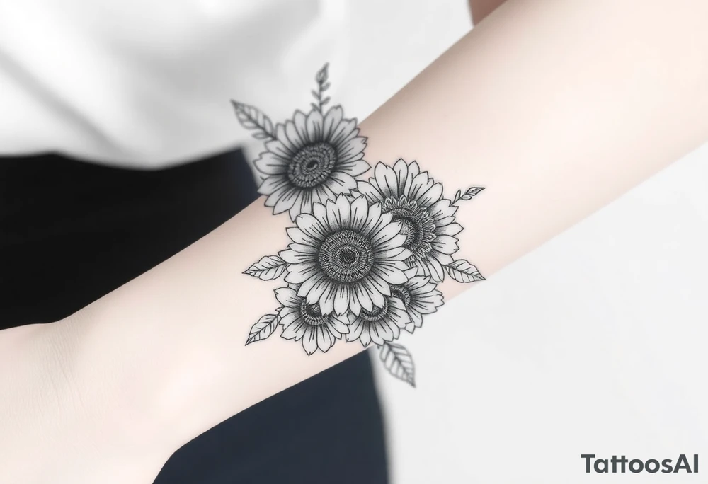 Large floral design with multiple types of flowers including sunflowers tattoo idea