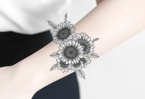 Large floral design with multiple types of flowers including sunflowers tattoo idea