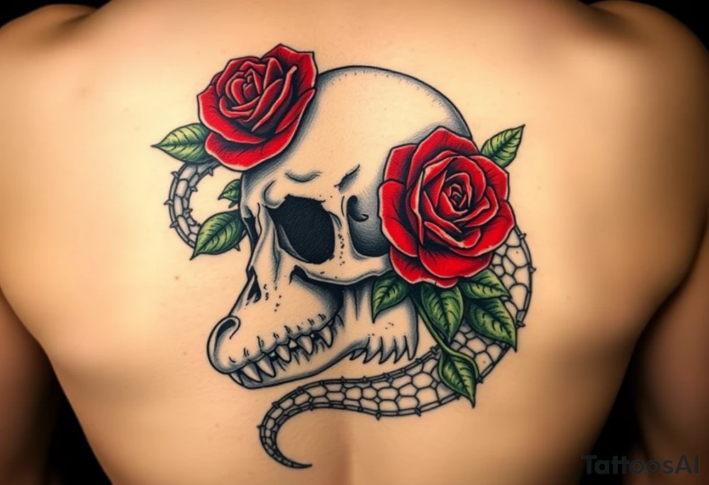 the Tudor rose at the center, all crimson petals edged in black velvet thorns, blooming right out of the skull’s eye socket like it’s growing from his bones. The skull’s grinning, but soft—like he’s in on the joke. And the alligator? He’s coiled around the whole thing, tail curling under the jaw, jaws open just enough to show teeth that look... almost tender. Like he’s protecting it. Or about to eat it.
Maybe a little mist, some ivy creeping up the spine of the rose. Dark greens, deep reds, charcoal shadows. No brights—just that old, heavy velvet feeling. tattoo idea