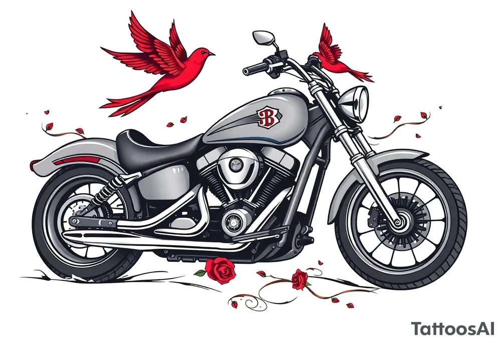 Harley grey motorcycle driving away, two red birds flying, roses and lace, flames tattoo idea