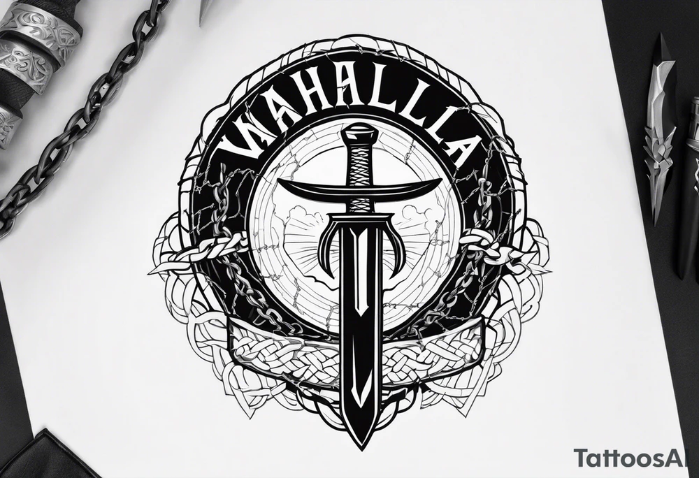 Valhalla sword round
shield axe barbed wire chains dark cloud lightning tattoo idea