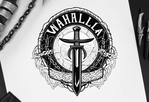 Valhalla sword round 
shield axe barbed wire chains dark cloud lightning tattoo idea