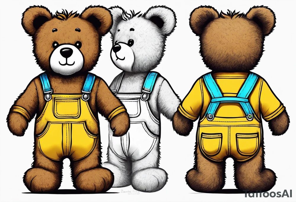 the back of one standing, skinny, brown ,
teddy bear in long, yellow overalls tattoo idea