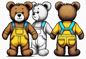 the back of one standing, skinny, brown ,
teddy bear in long, yellow overalls tattoo idea