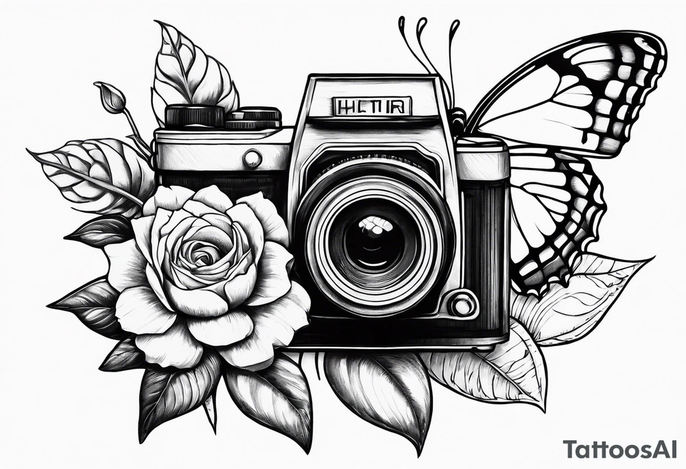 Butterfly, sunflower, camera, book, flower rose tattoo idea Butterfly, sunflower, camera, book, flower rose tattoo idea